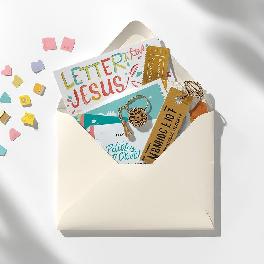 Envelopes with stationery items and colorful letters on a white background